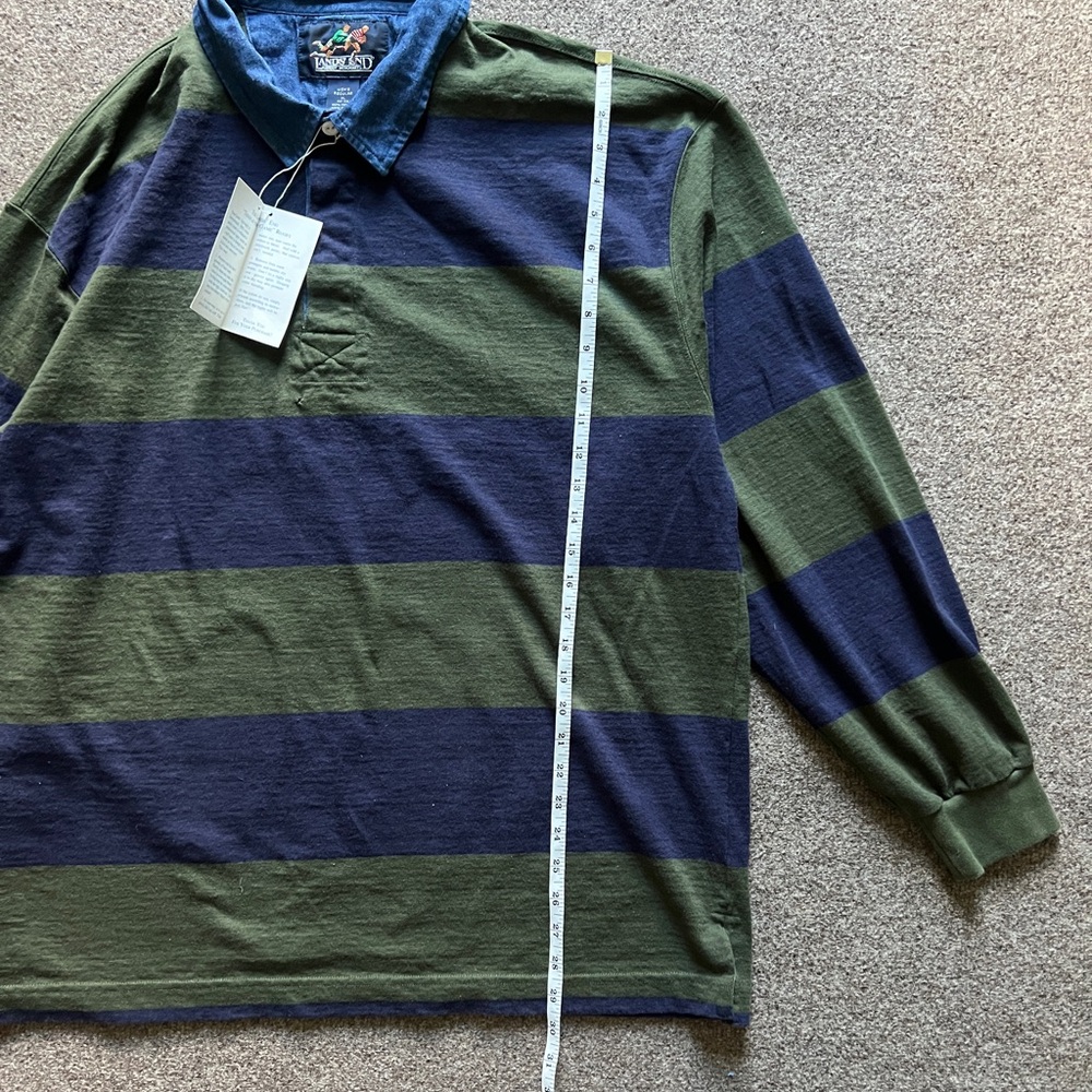 Vintage ‘92 Lands End Rugby Long Sleeve Polo Denim Collar Green Blue Stripe XL - Picture 13 of 16